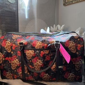 Betsey Johnson Floral Skull Weekender Bag New